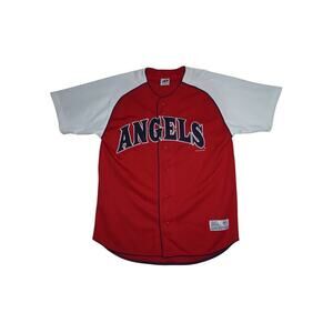 Vintage 2000s Dynasty Angels MLB Jersey Red White Raglan Button Up Men’s Medium